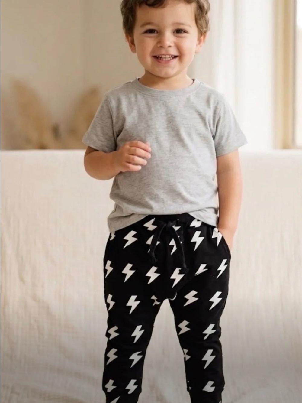 Lola + The Boys Black Lightning Bolt Pajama Pants with Gray Tee